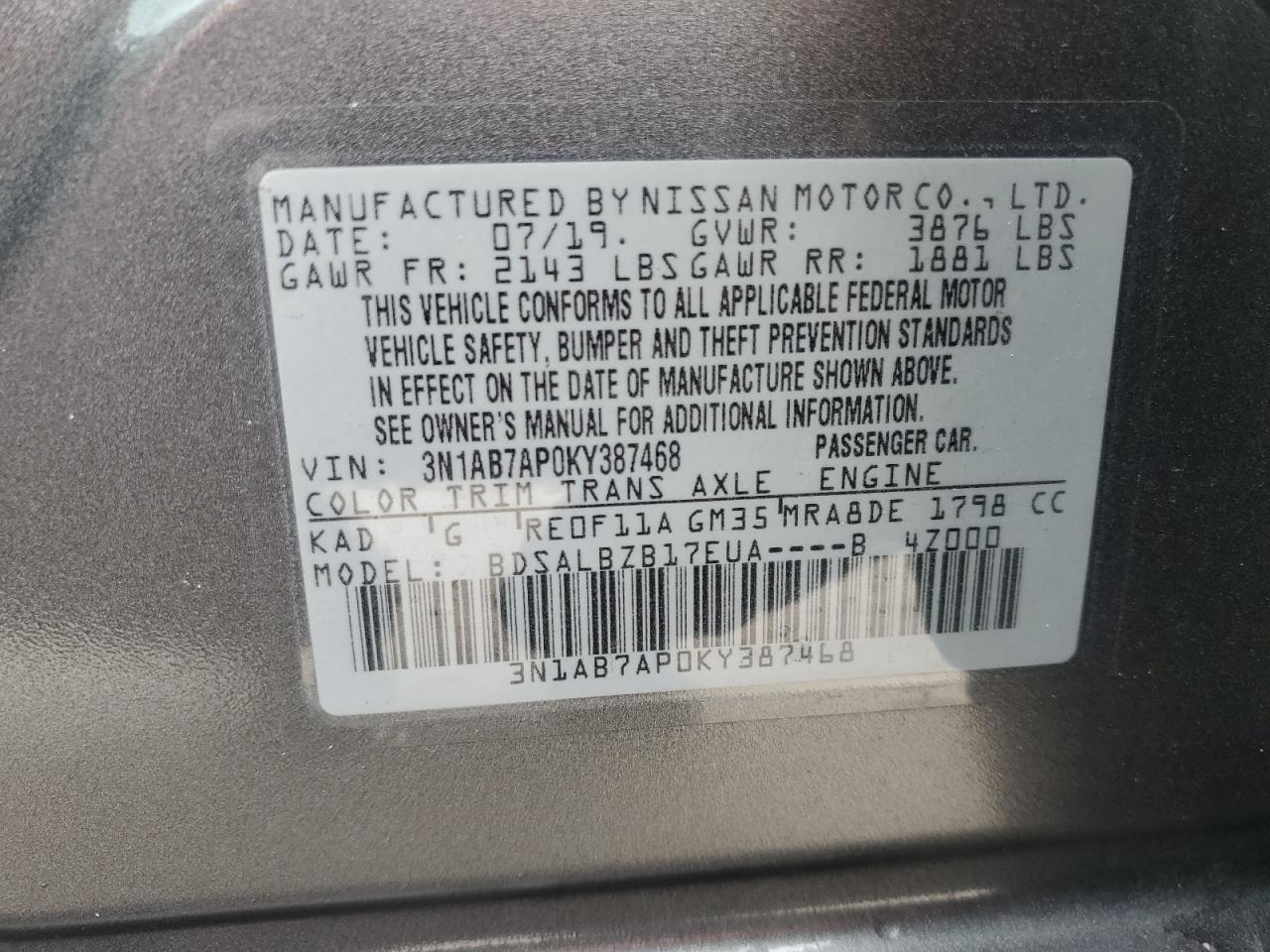 2019 Nissan Sentra VIN 3N1AB7AP0KY387468 Copart auction photo, front end / minor dent/scratches damage thumbnail 13