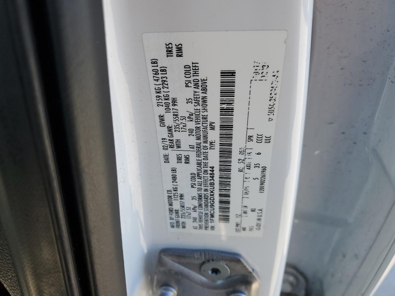 2019 Ford Escape VIN 1FMCU9GDXKUB34844 Copart auction photo, rear end / minor dent/scratches damage thumbnail 13
