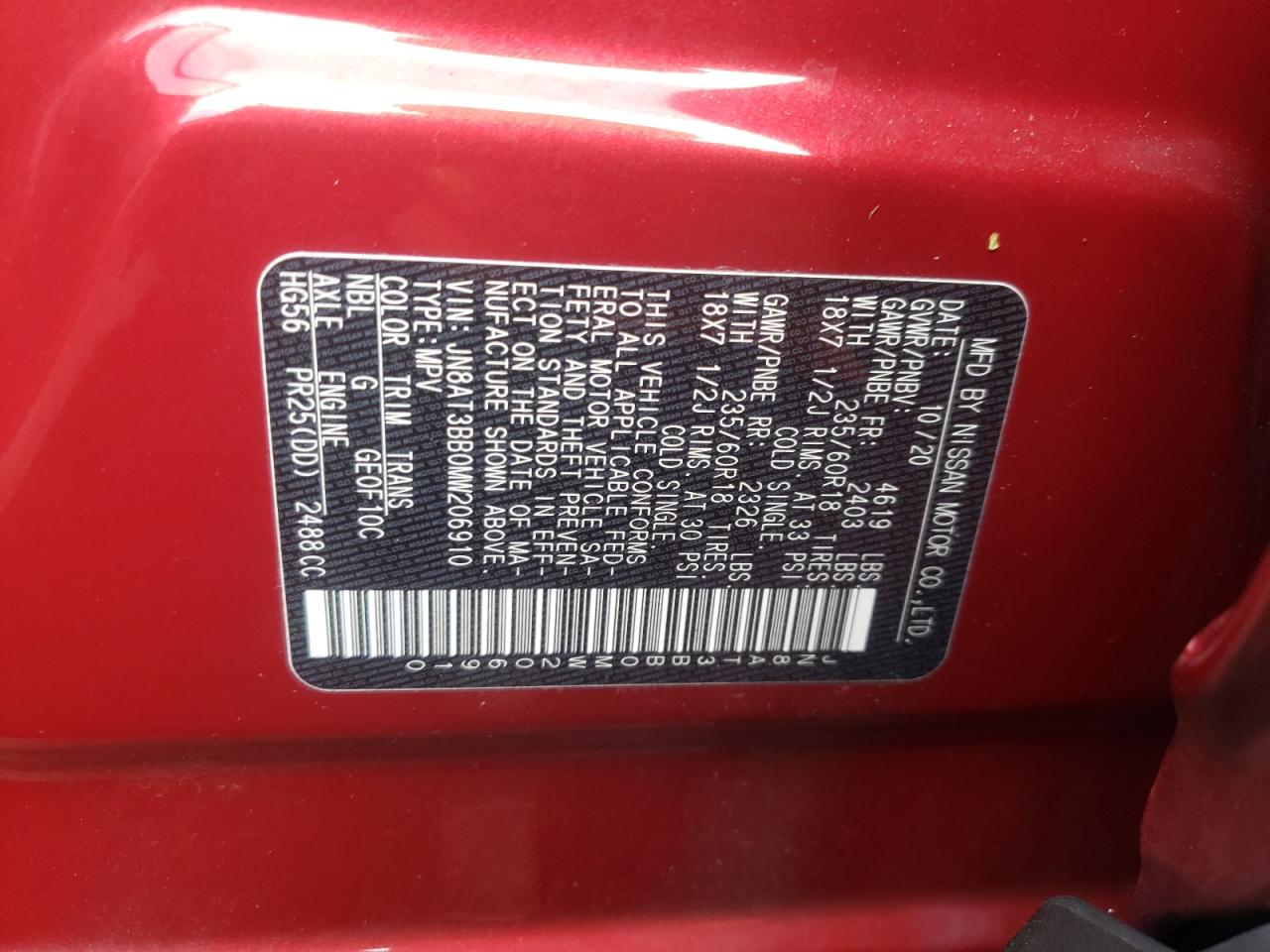 2021 Nissan Rogue VIN JN8AT3BB0MW206910 Copart auction photo, front end damage thumbnail 15