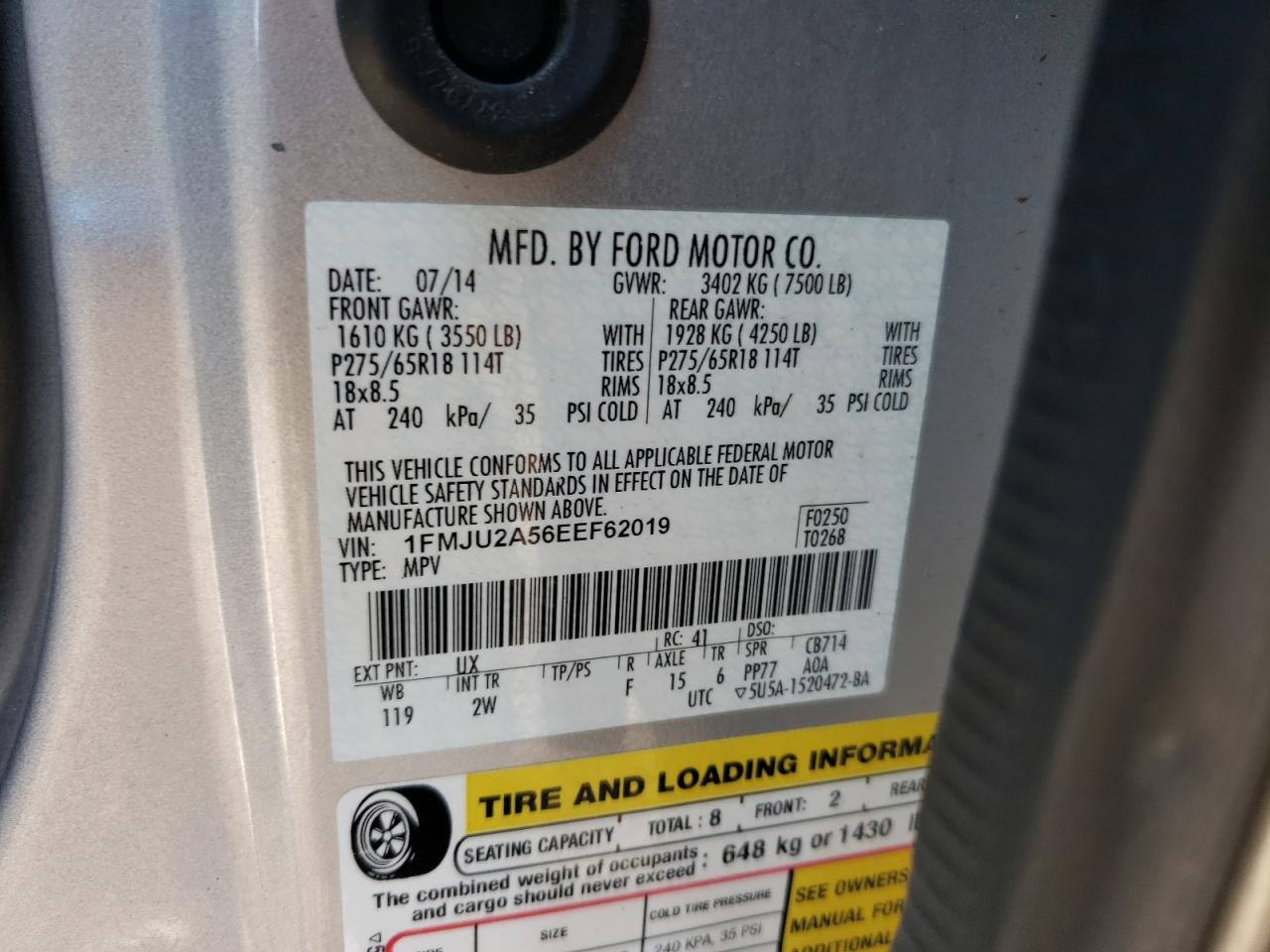 2014 Ford Expedition VIN 1FMJU2A56EEF62019 Copart auction photo, mechanical / minor dent/scratches damage thumbnail 13