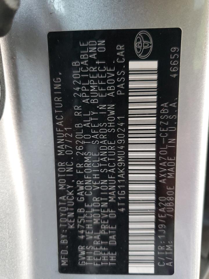 2021 Toyota Camry VIN 4T1G11AK9MU490241 Copart auction photo, rear end / side damage thumbnail 13