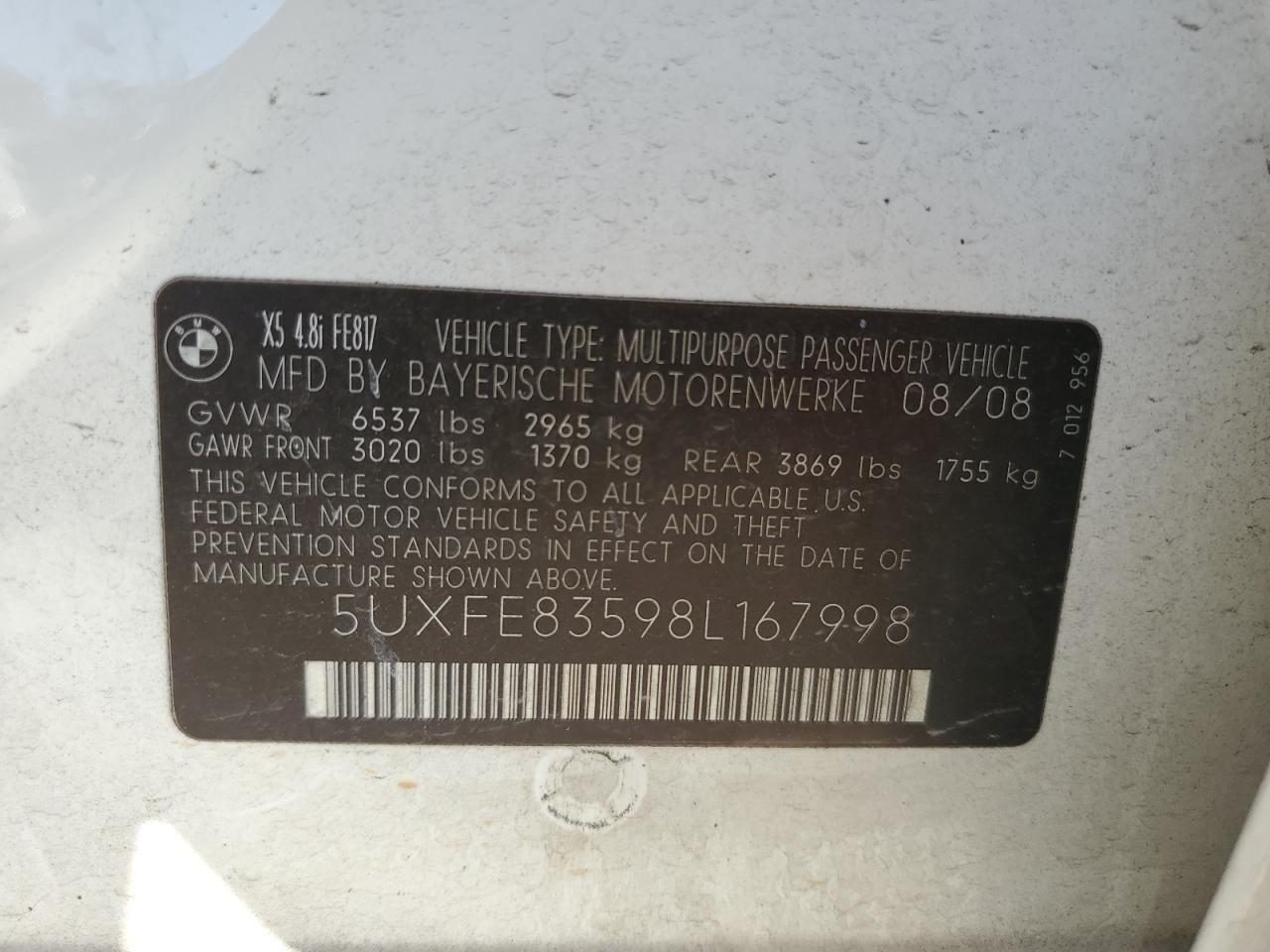 2008 BMW X5 VIN 5UXFE83598L167998 Copart auction photo, mechanical / minor dent/scratches damage thumbnail 13