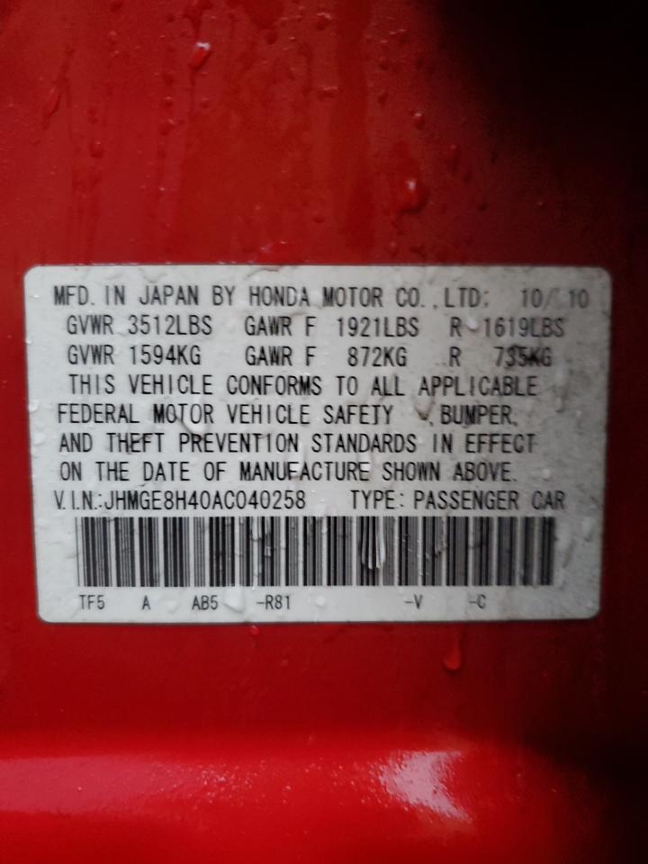 2010 Honda Fit VIN JHMGE8H40AC040258 Copart auction photo, front end damage thumbnail 13