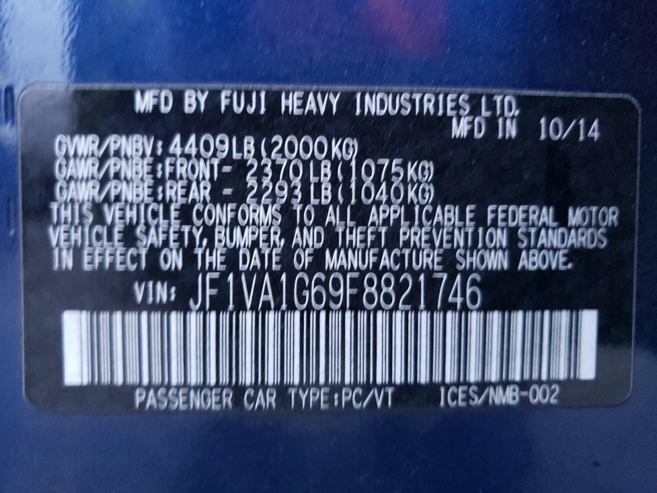 2015 Subaru WRX VIN JF1VA1G69F8821746 Copart auction photo, front end / hail damage thumbnail 13