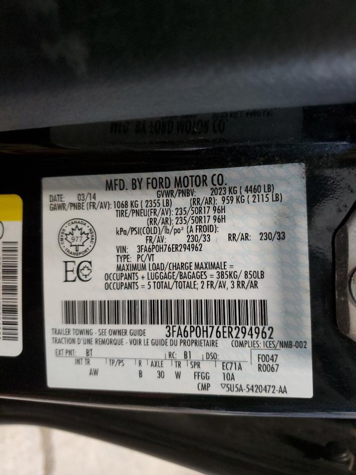 2014 Ford Fusion VIN 3FA6P0H76ER294962 Copart auction photo, rear end / side damage thumbnail 12