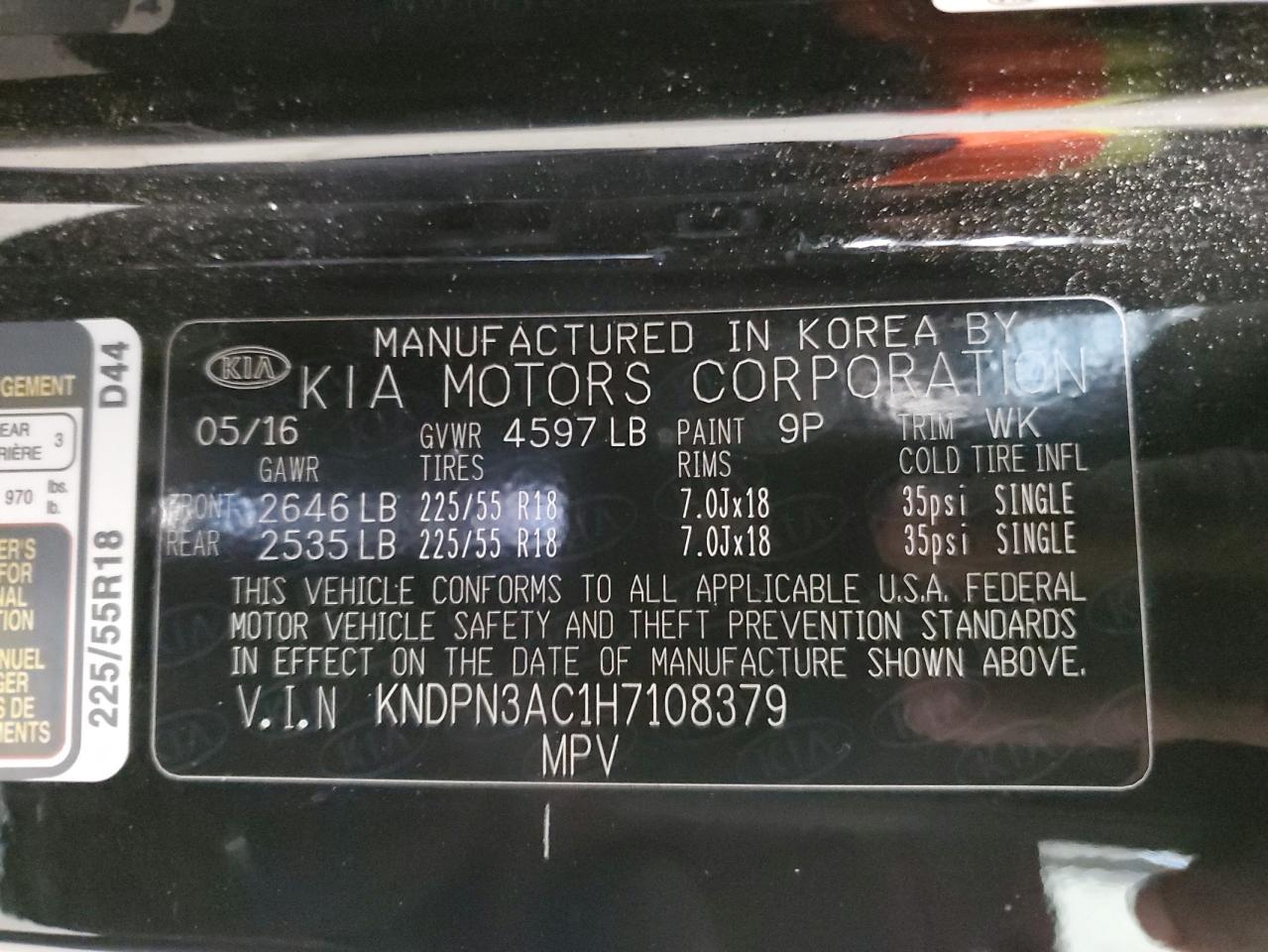 2017 KIA Sportage VIN KNDPN3AC1H7108379 Copart auction photo, rear end damage thumbnail 14