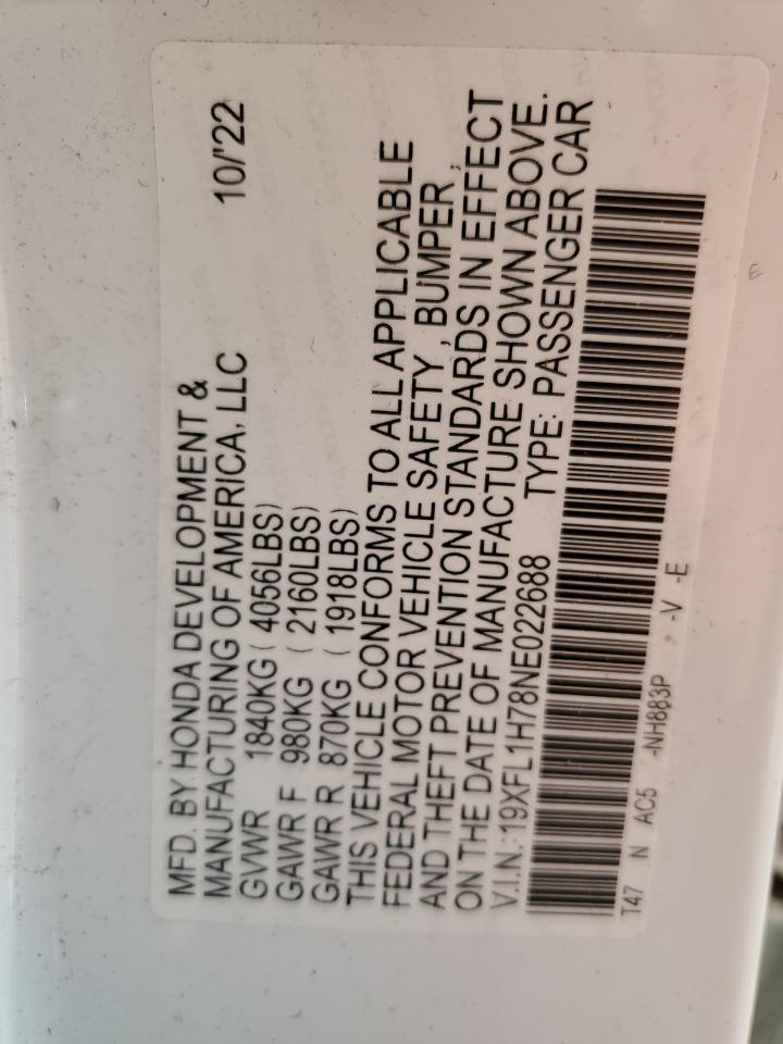 2022 Honda Civic VIN 19XFL1H78NE022688 Copart auction photo, front end damage thumbnail 14