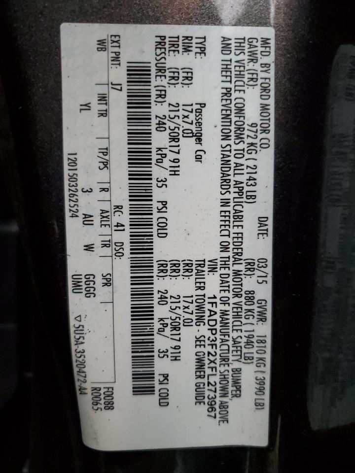2015 Ford Focus VIN 1FADP3F2XFL273967 Copart auction photo, rear end / front end damage thumbnail 12