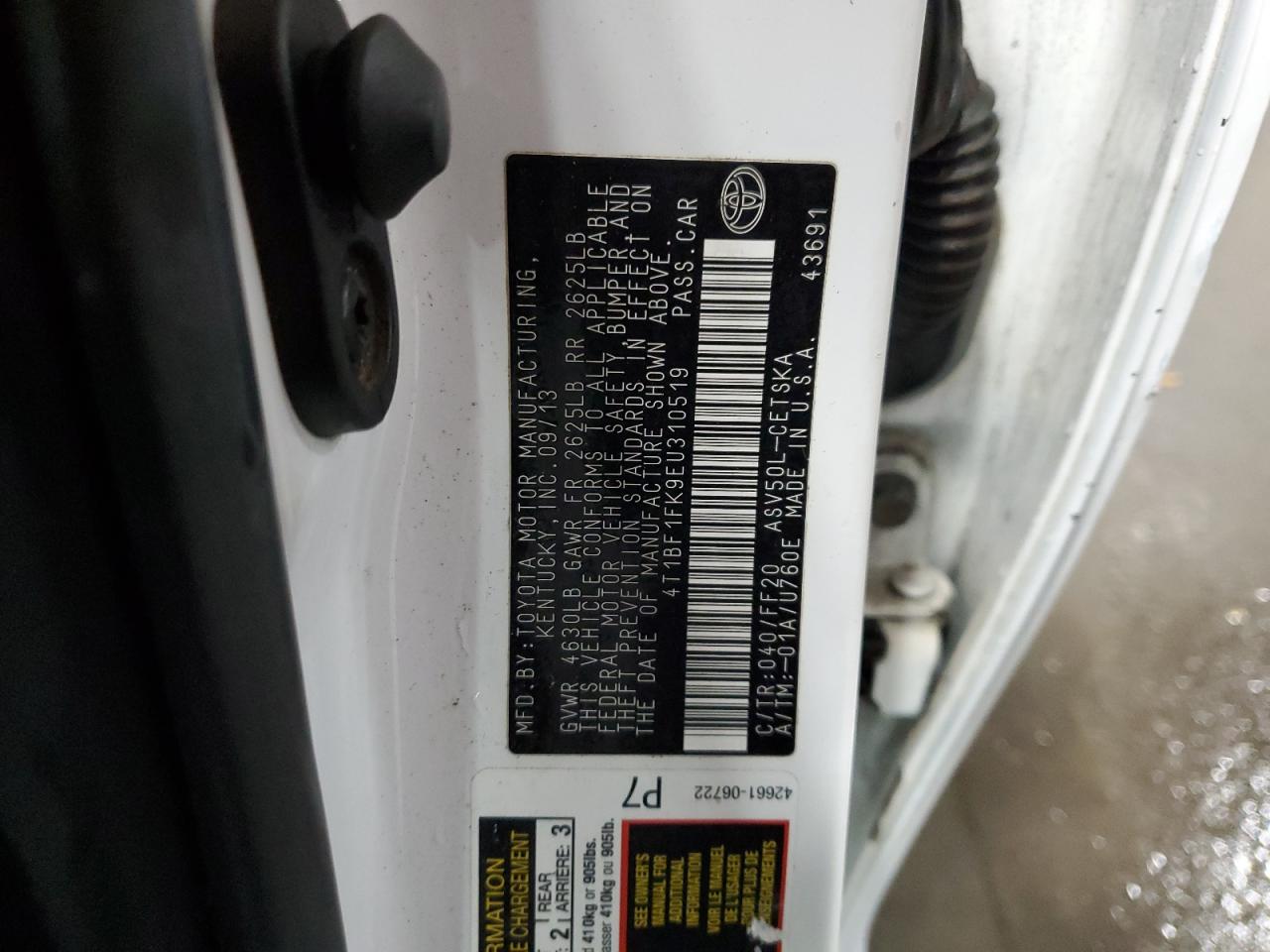 2014 Toyota Camry VIN 4T1BF1FK9EU310519 Copart auction photo, front end / side damage thumbnail 13