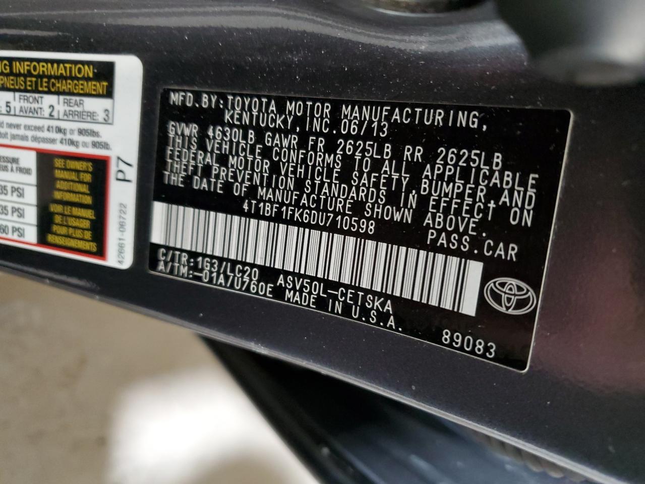 2013 Toyota Camry VIN 4T1BF1FK6DU710598 Copart auction photo, side damage thumbnail 12