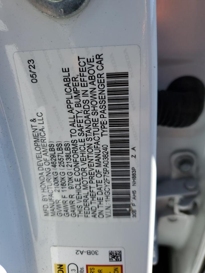 2023 Honda Accord VIN 1HGCY2F75PA038240 Copart auction photo, front end damage thumbnail 13