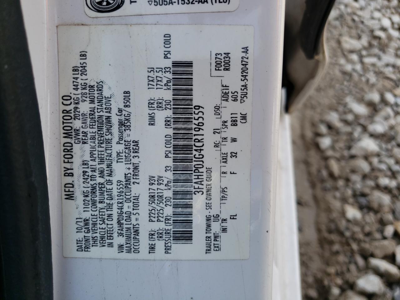 2012 Ford Fusion VIN 3FAHP0JG4CR196559 Copart auction photo, front end damage thumbnail 13