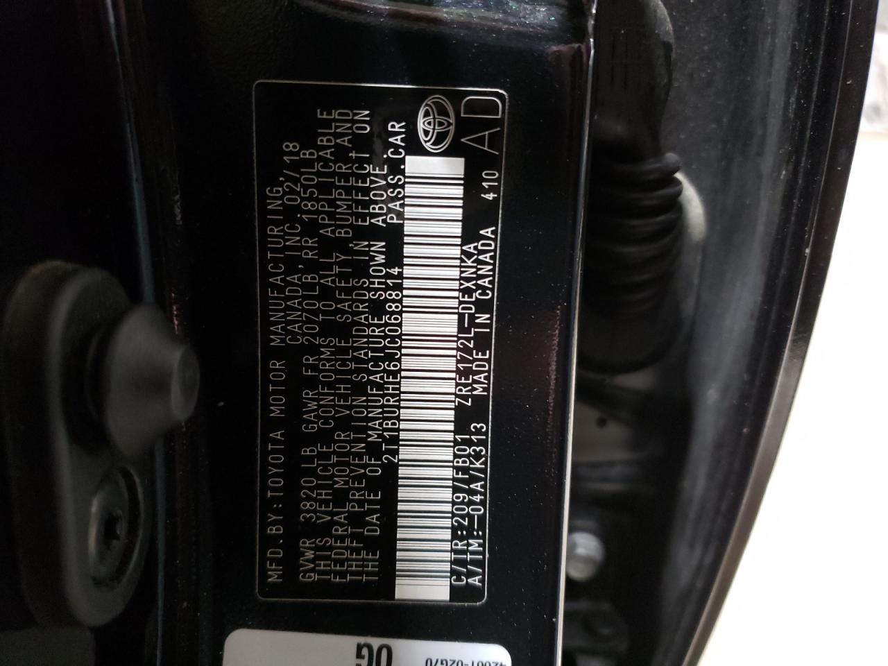 2018 Toyota Corolla VIN 2T1BURHE6JC068814 Copart auction photo, front end / side damage thumbnail 12