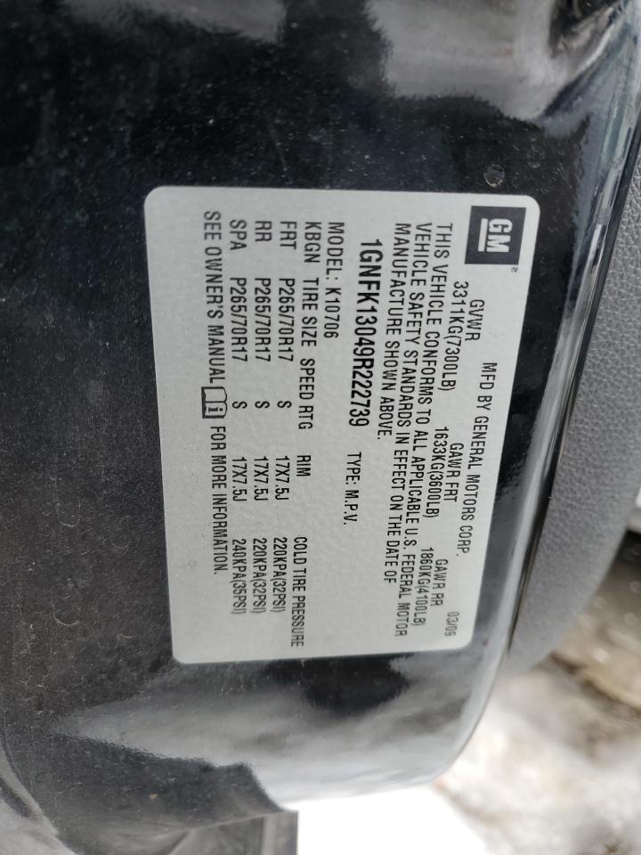 2009 Chevrolet Tahoe VIN 1GNFK13049R222739 Copart auction photo, rear end damage thumbnail 15