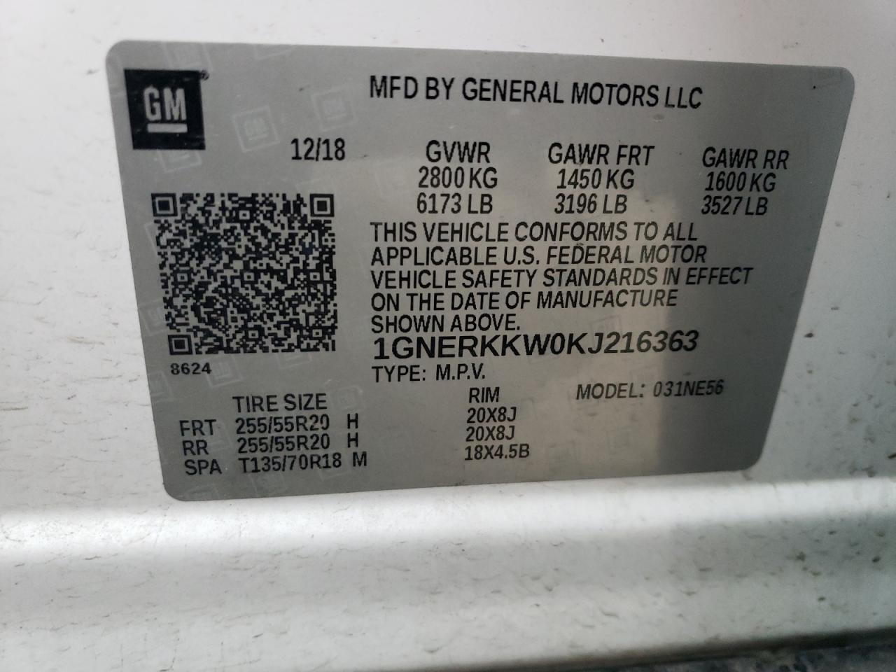 2019 Chevrolet Traverse VIN 1GNERKKW0KJ216363 Copart auction photo, front end damage thumbnail 14