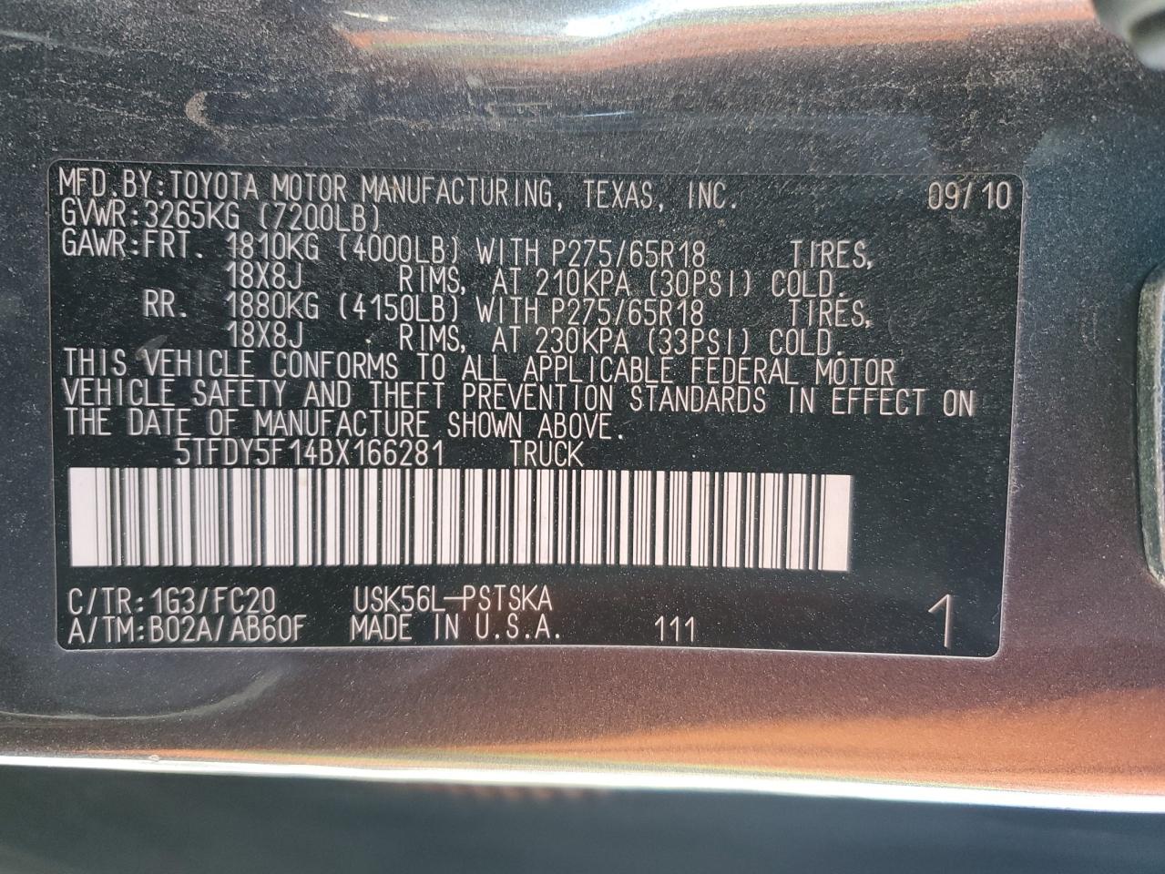 2011 Toyota Tundra VIN 5TFDY5F14BX166281 Copart auction photo, mechanical damage thumbnail 12