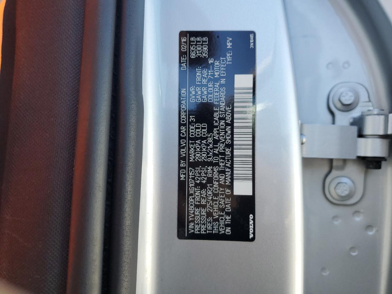 2016 Volvo XC90 VIN YV4BC0PLXG1071157 Copart auction photo, front end damage thumbnail 13