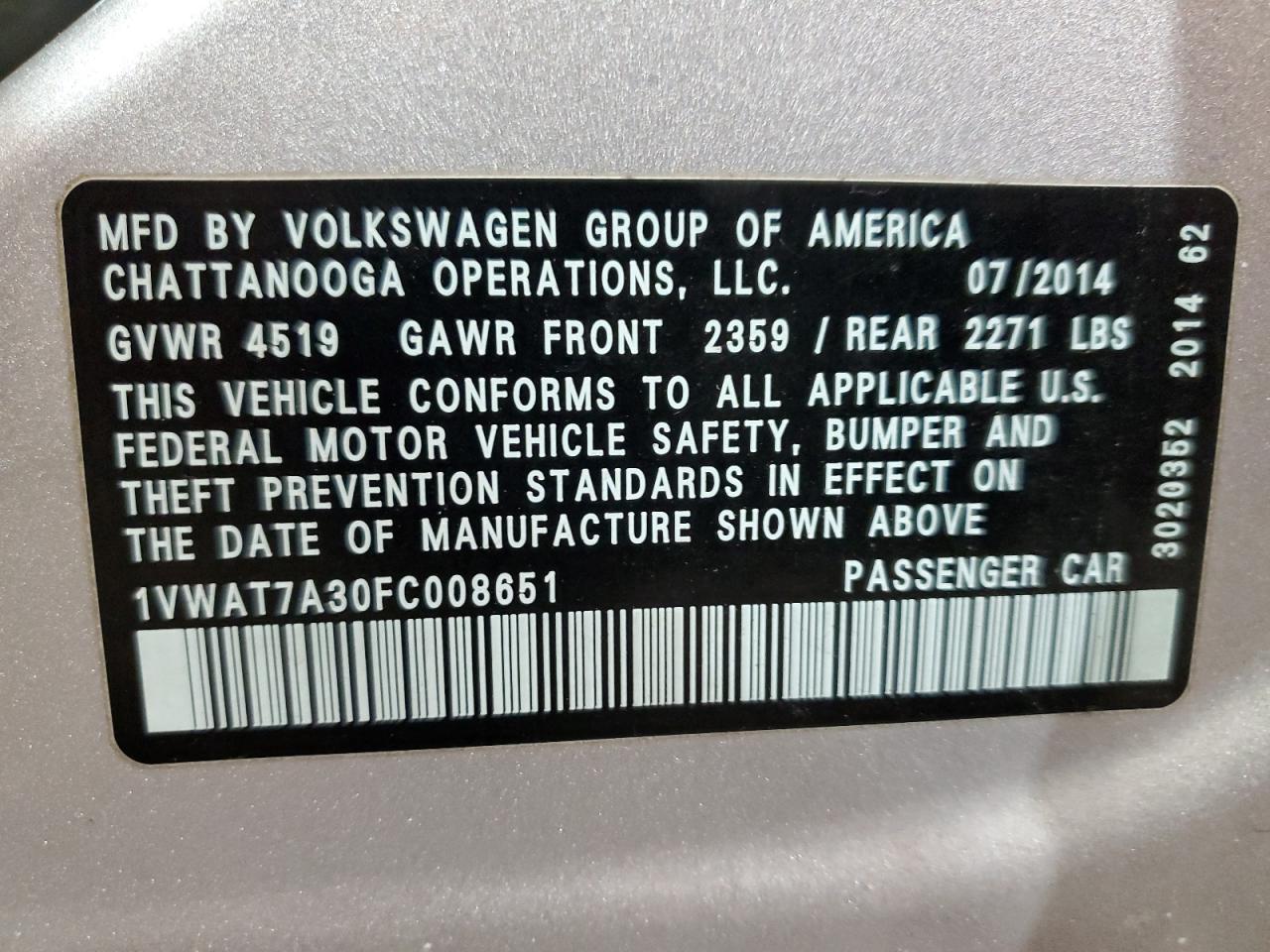 2015 Volkswagen Passat VIN 1VWAT7A30FC008651 Copart auction photo, front end / side damage thumbnail 12