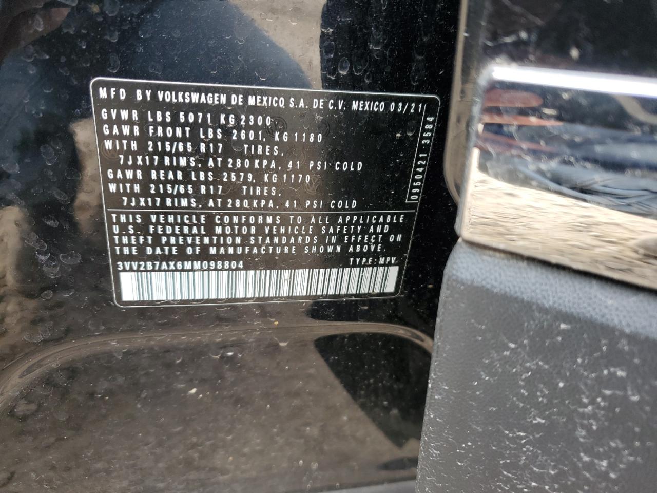 2021 Volkswagen Tiguan VIN 3VV2B7AX6MM098804 Copart auction photo, side damage thumbnail 12
