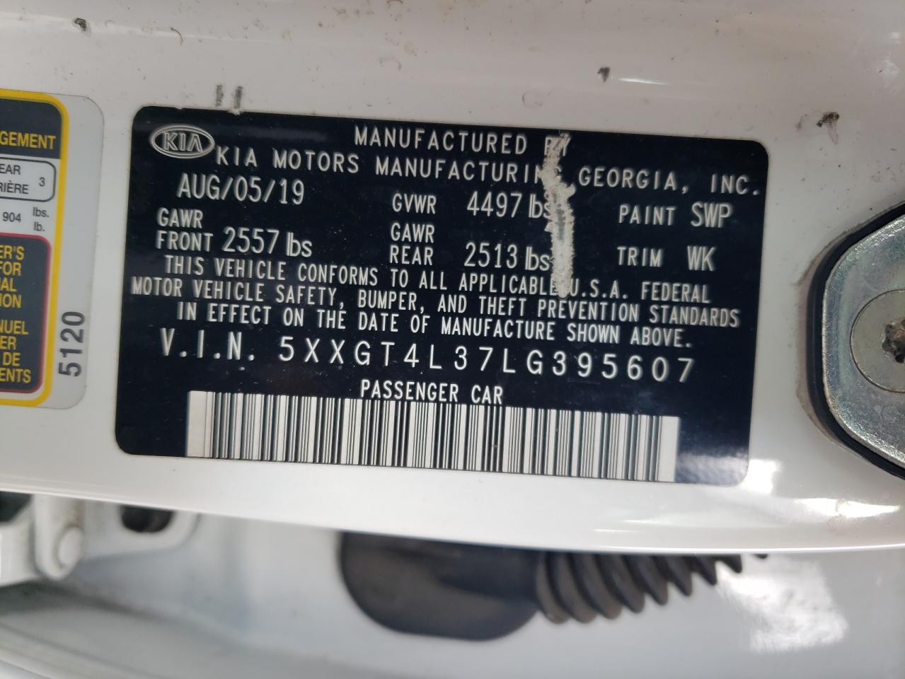 2020 KIA Optima VIN 5XXGT4L37LG395607 Copart auction photo, front end / side damage thumbnail 14