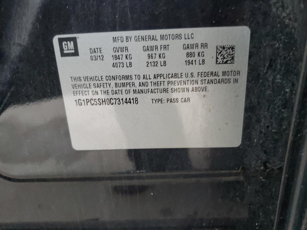 2012 Chevrolet Cruze VIN 1G1PC5SH0C7314418 Copart auction photo, side / front end damage thumbnail 13
