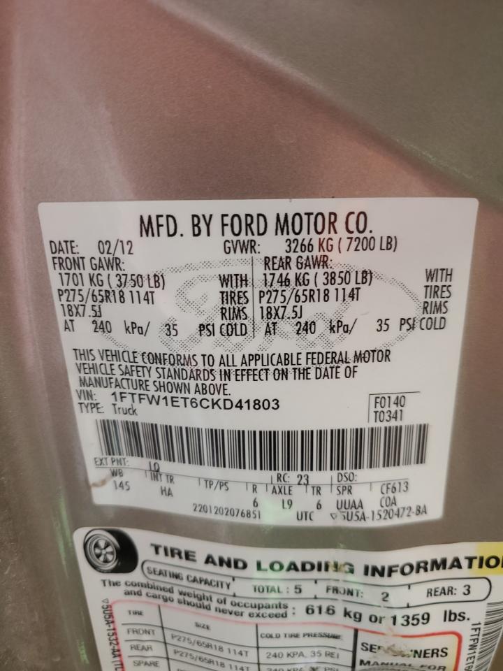 2012 Ford F-150 VIN 1FTFW1ET6CKD41803 Copart auction photo, rollover damage thumbnail 16