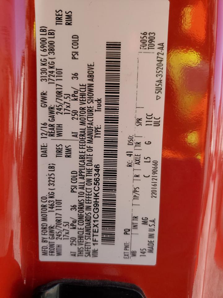 2017 Ford F-150 VIN 1FTEX1CG9HKC56346 Copart auction photo, front end / undercarriage damage thumbnail 12