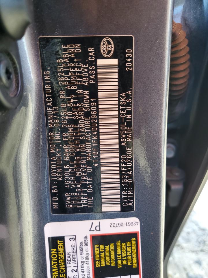 2013 Toyota Camry VIN 4T1BF1FK4DU296091 Copart auction photo, side / front end damage thumbnail 12