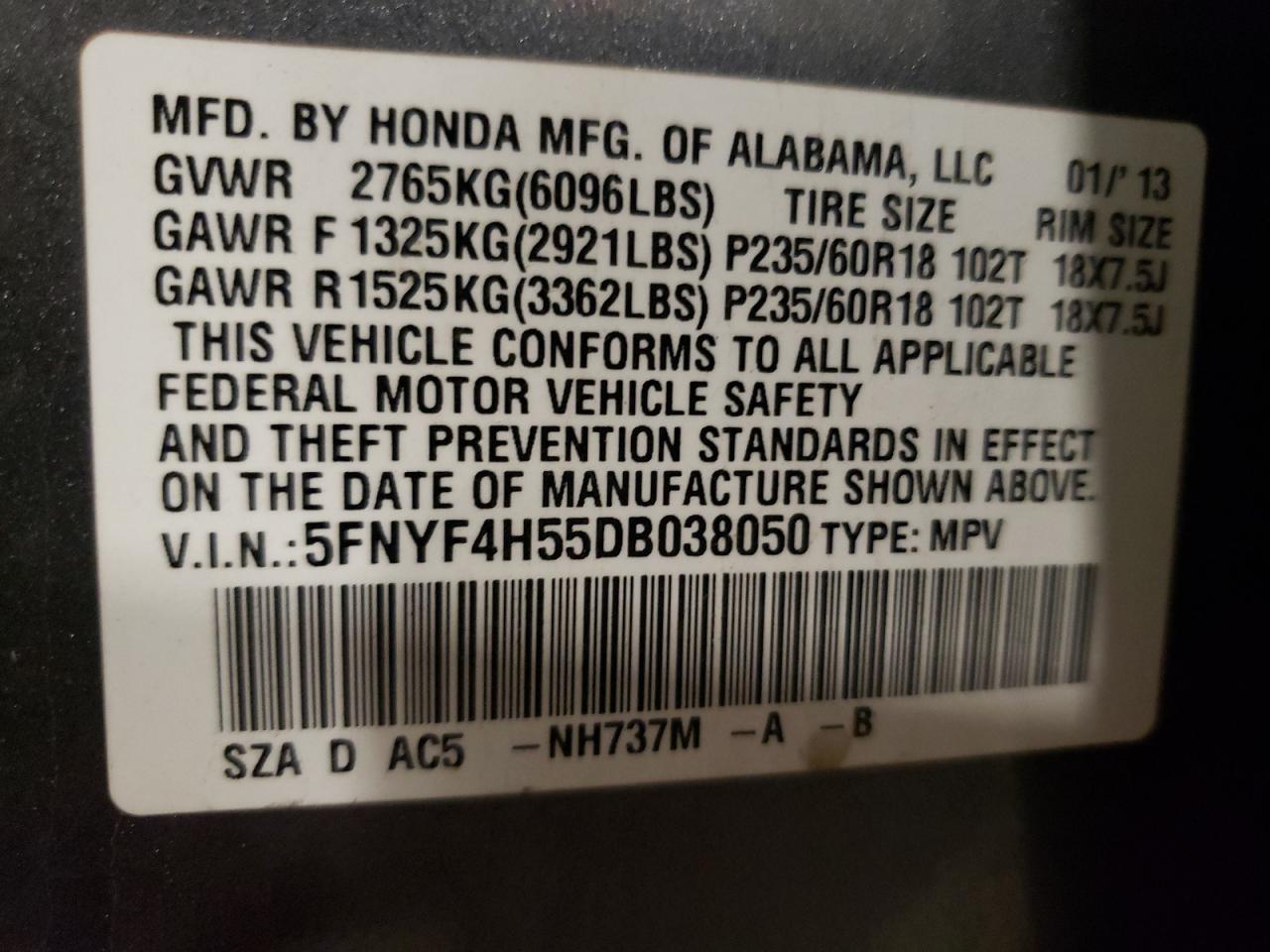 2013 Honda Pilot VIN 5FNYF4H55DB038050 Copart auction photo, mechanical damage thumbnail 13