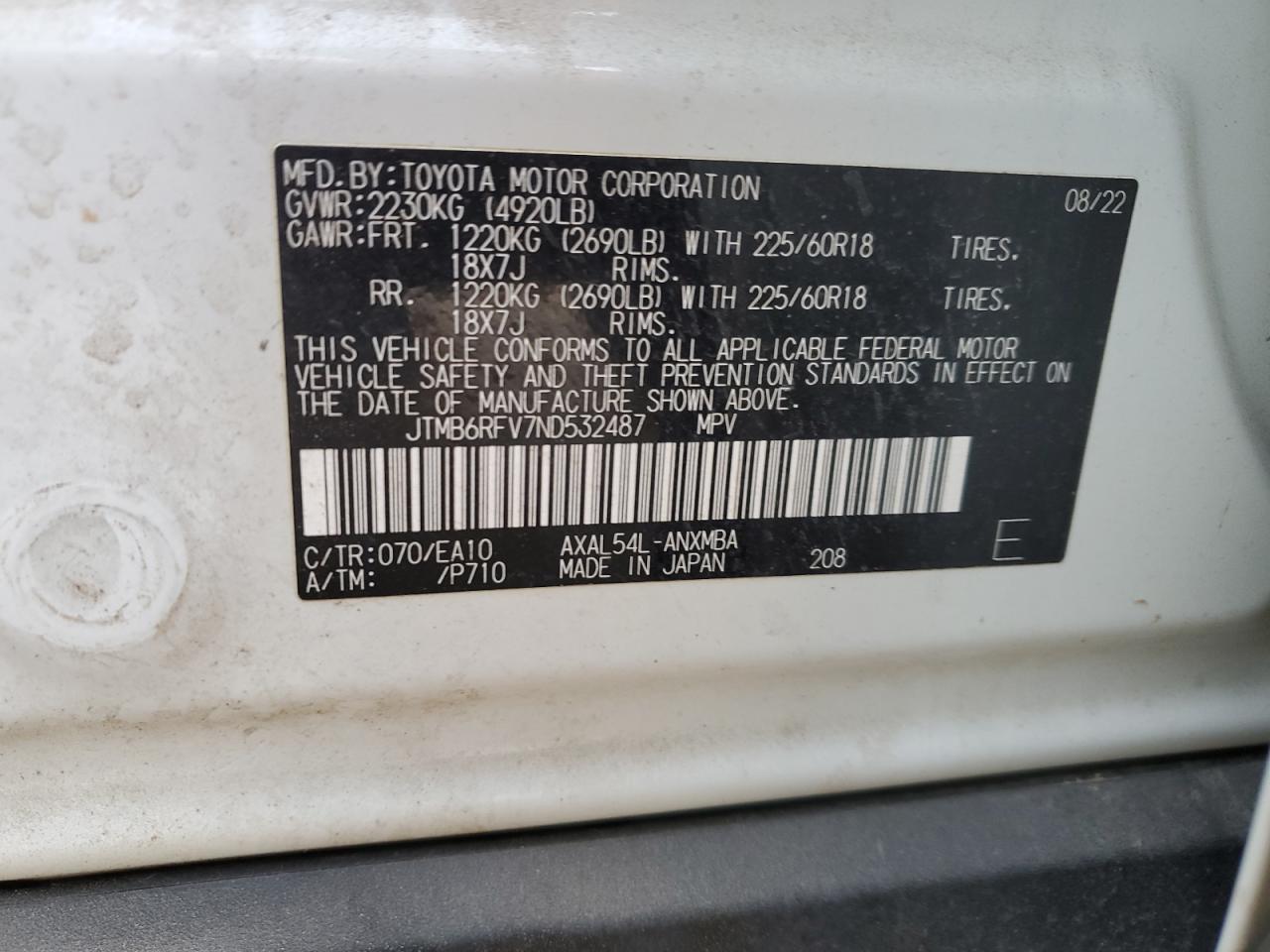 2022 Toyota RAV 4 VIN JTMB6RFV7ND532487 Copart auction photo, all over damage thumbnail 14