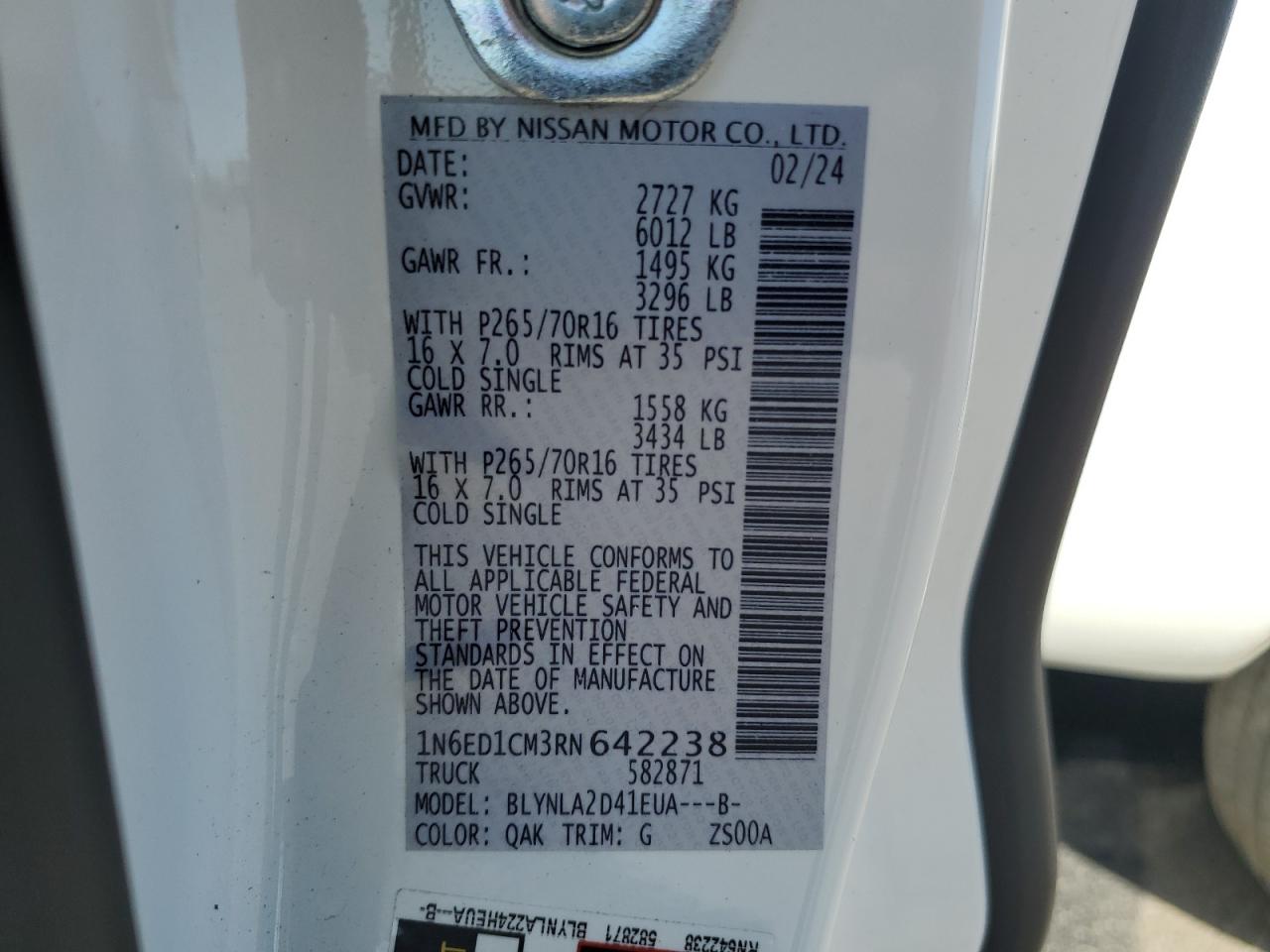 2024 Nissan Navara (Frontier) VIN 1N6ED1CM3RN642238 Copart auction photo, all over damage thumbnail 12