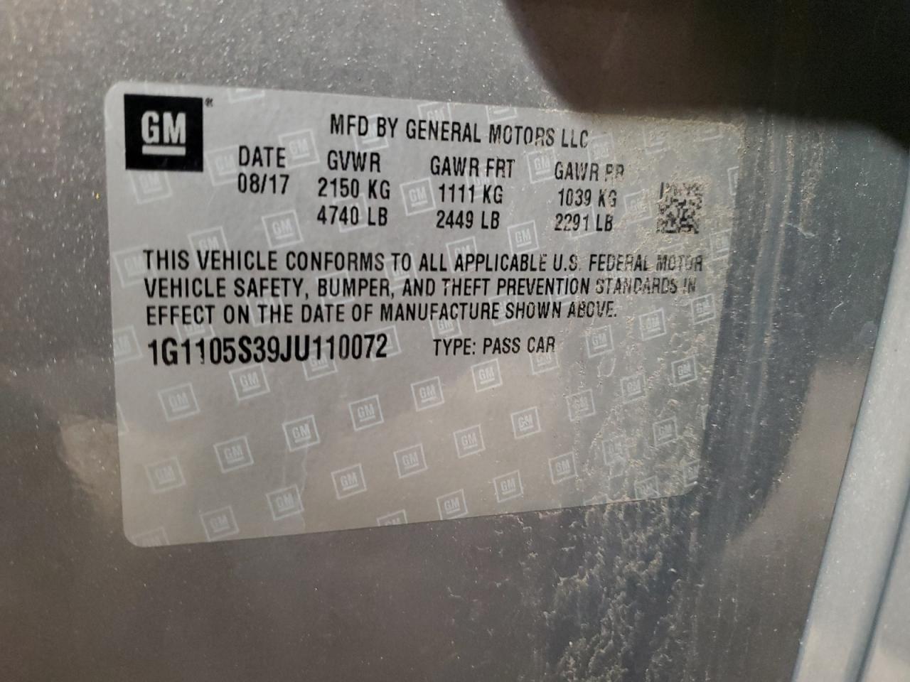 2018 Chevrolet Impala VIN 1G1105S39JU110072 Copart auction photo, front end damage thumbnail 13