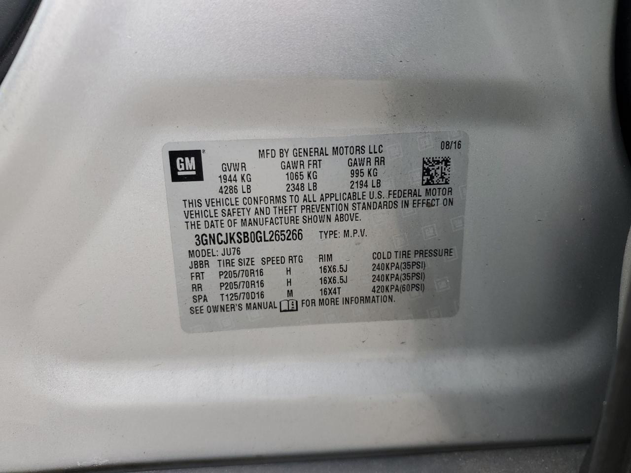 2016 Chevrolet Trax VIN 3GNCJKSB0GL265266 Copart auction photo, minor dent/scratches damage thumbnail 12