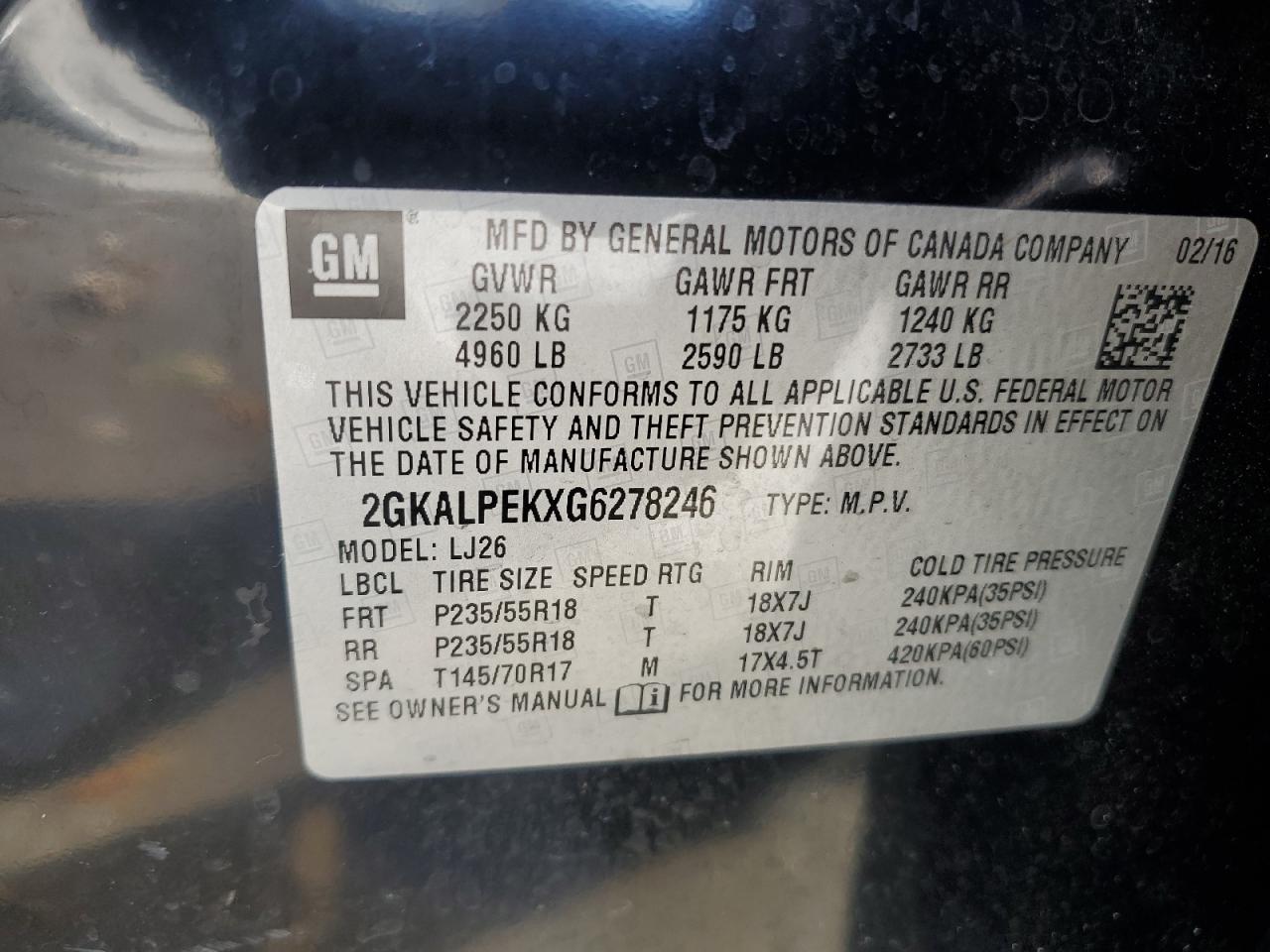 2016 GMC Terrain VIN 2GKALPEKXG6278246 Copart auction photo, side damage thumbnail 15