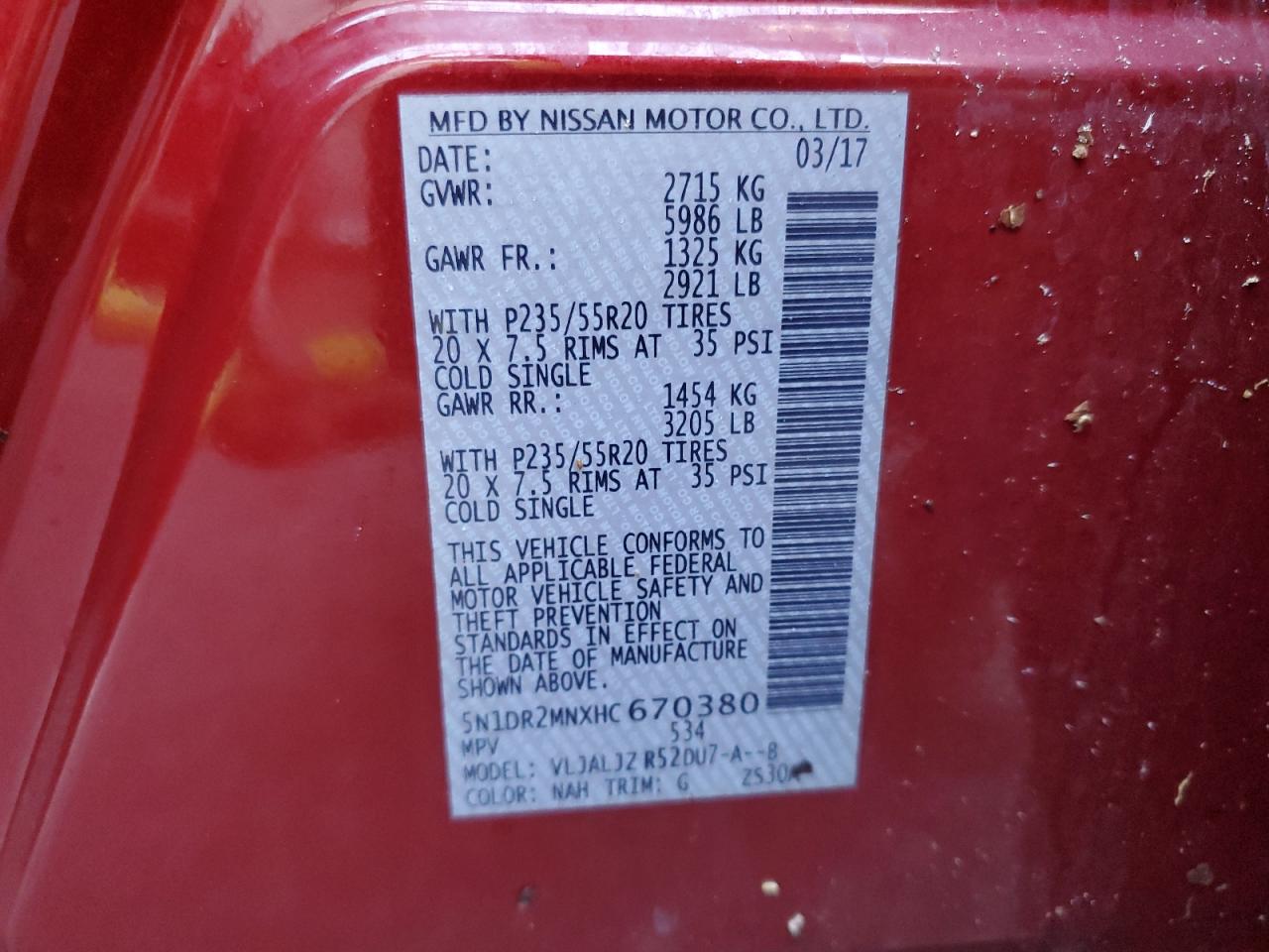 2017 Nissan Pathfinder VIN 5N1DR2MNXHC670380 Copart auction photo, water/flood damage thumbnail 14