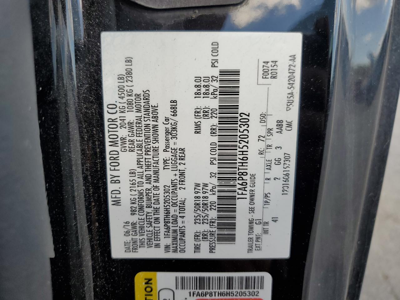 2017 Ford Mustang VIN 1FA6P8TH6H5205302 Copart auction photo, front end / undercarriage damage thumbnail 15