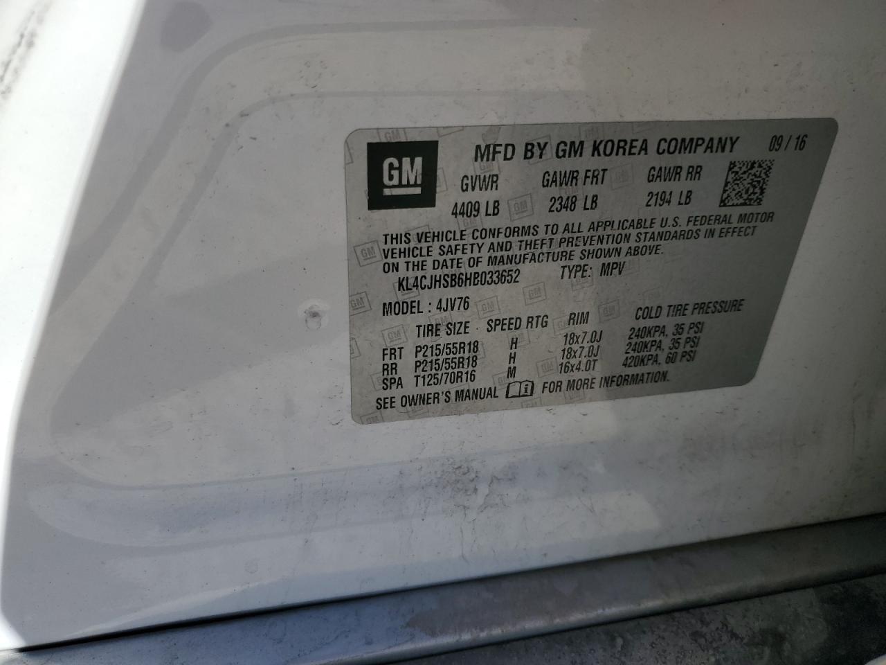 2017 Buick Encore VIN KL4CJHSB6HB033652 Copart auction photo, front end damage thumbnail 13