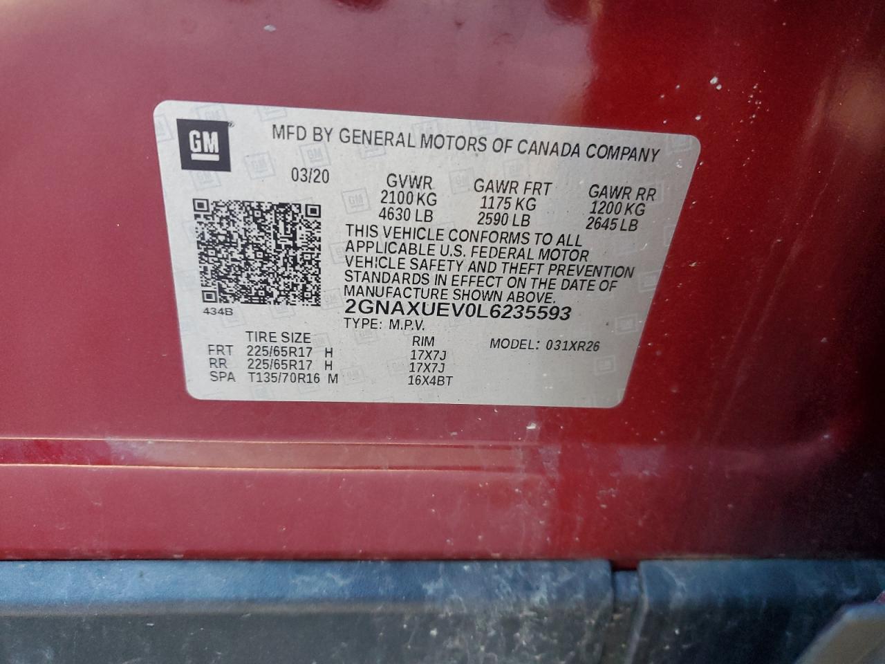 2020 Chevrolet Equinox VIN 2GNAXUEV0L6235593 Copart auction photo, front end / side damage thumbnail 13