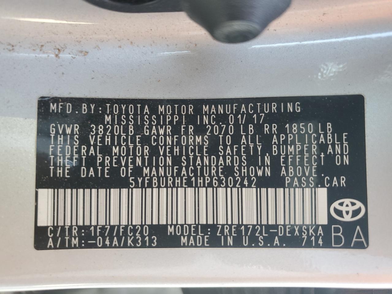 2017 Toyota Corolla VIN 5YFBURHE1HP630242 Copart auction photo, all over damage thumbnail 14