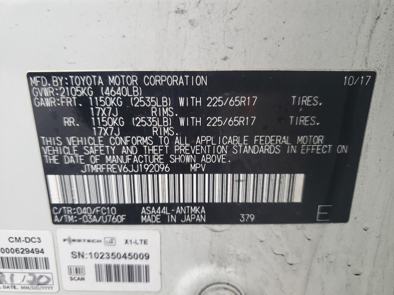 2018 Toyota RAV 4 VIN JTMRFREV6JJ192096 Copart auction photo, front end / side damage thumbnail 13