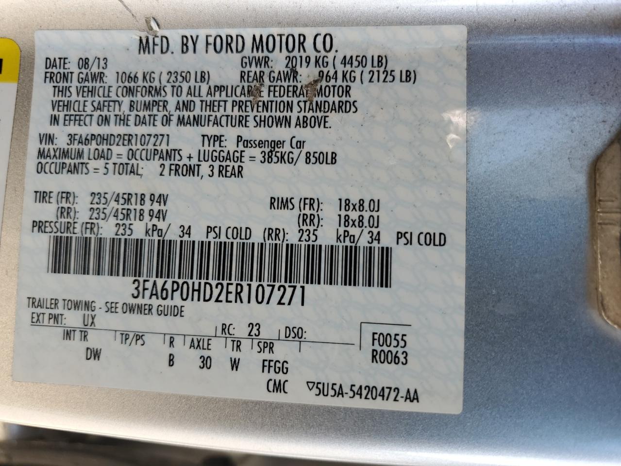 2014 Ford Fusion VIN 3FA6P0HD2ER107271 Copart auction photo, front end / minor dent/scratches damage thumbnail 14
