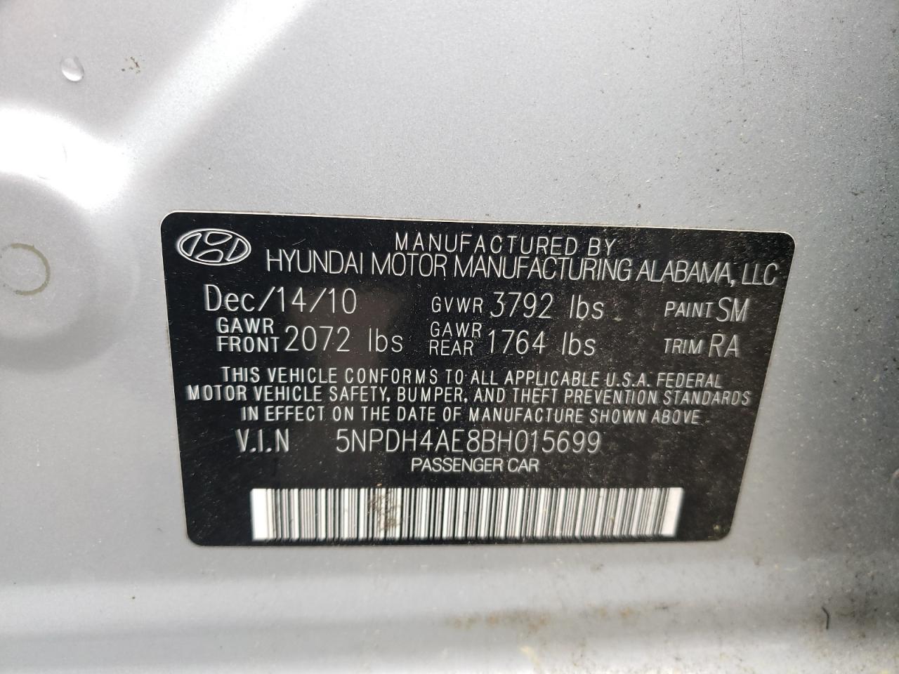 2011 Hyundai Elantra VIN 5NPDH4AE8BH015699 Copart auction photo, front end / minor dent/scratches damage thumbnail 12