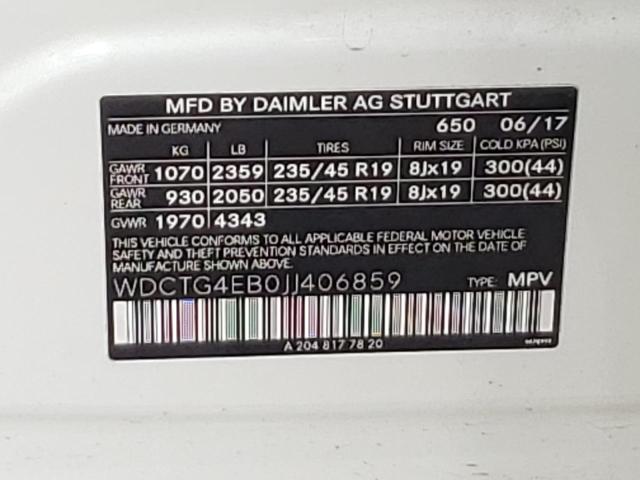 2018 Mercedes-Benz GLA-klasse VIN WDCTG4EB0JJ406859 Copart auction photo, hail / minor dent/scratches damage thumbnail 12