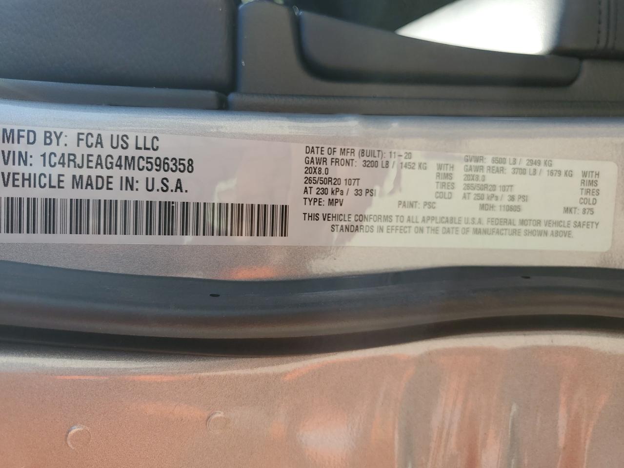 2021 Jeep Grand Cherokee VIN 1C4RJEAG4MC596358 Copart auction photo, front end damage thumbnail 13
