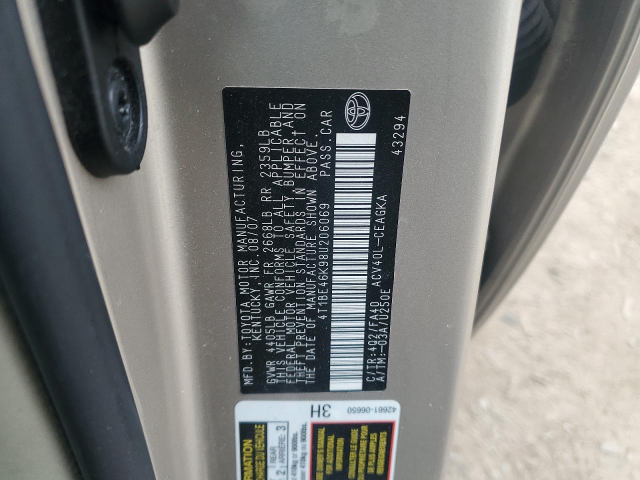 2008 Toyota Camry VIN 4T1BE46K98U206069 Copart auction photo, front end / rear end damage thumbnail 12
