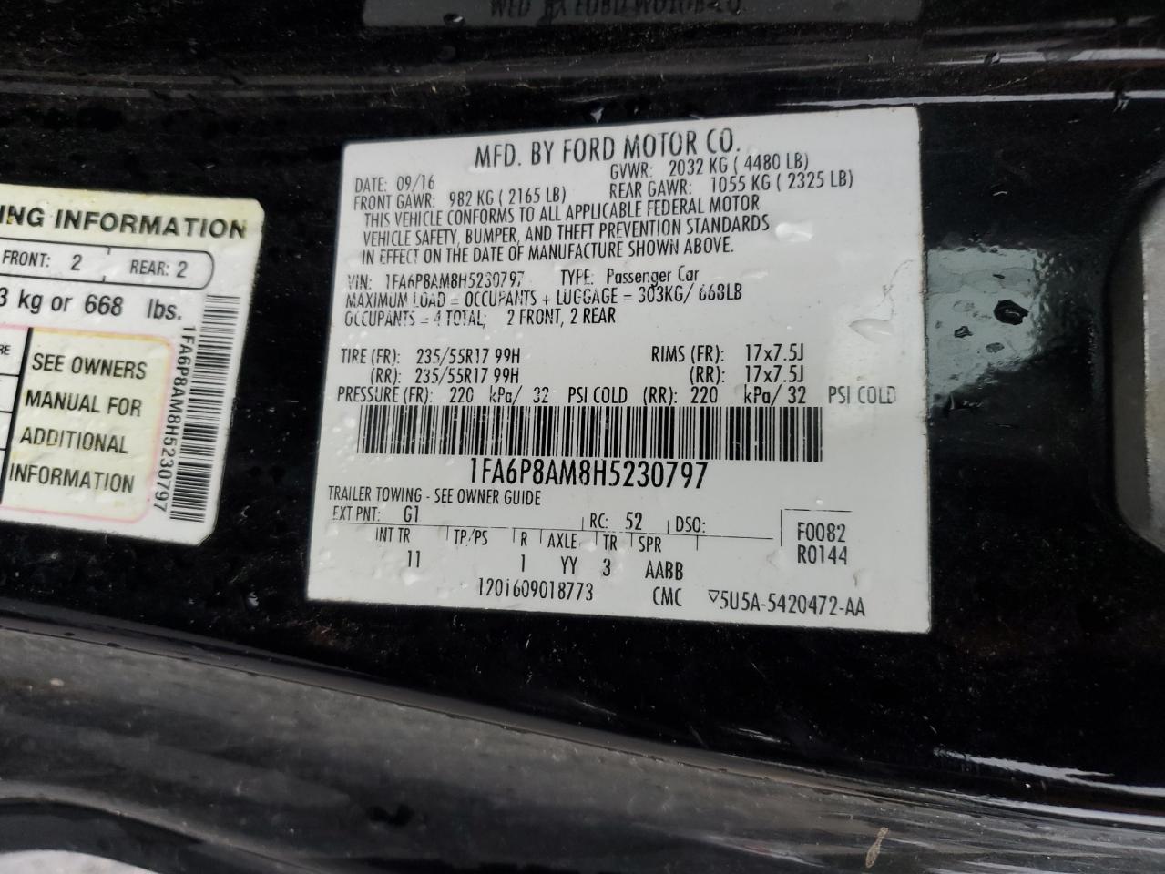 2017 Ford Mustang VIN 1FA6P8AM8H5230797 Copart auction photo, front end damage thumbnail 14