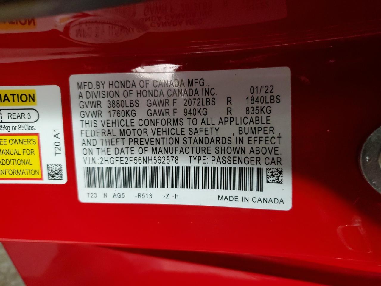 2022 Honda Civic VIN 2HGFE2F56NH562578 Copart auction photo, front end / undercarriage damage thumbnail 13