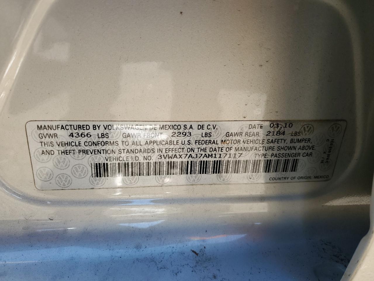2010 Volkswagen Jetta VIN 3VWAX7AJ7AM117117 Copart auction photo, front end damage thumbnail 12