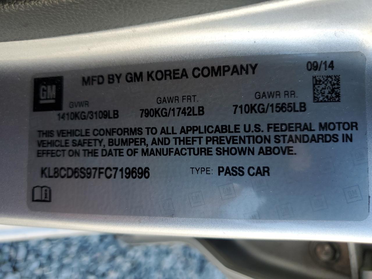 2015 Chevrolet Spark VIN KL8CD6S97FC719696 Copart auction photo, front end / minor dent/scratches damage thumbnail 14
