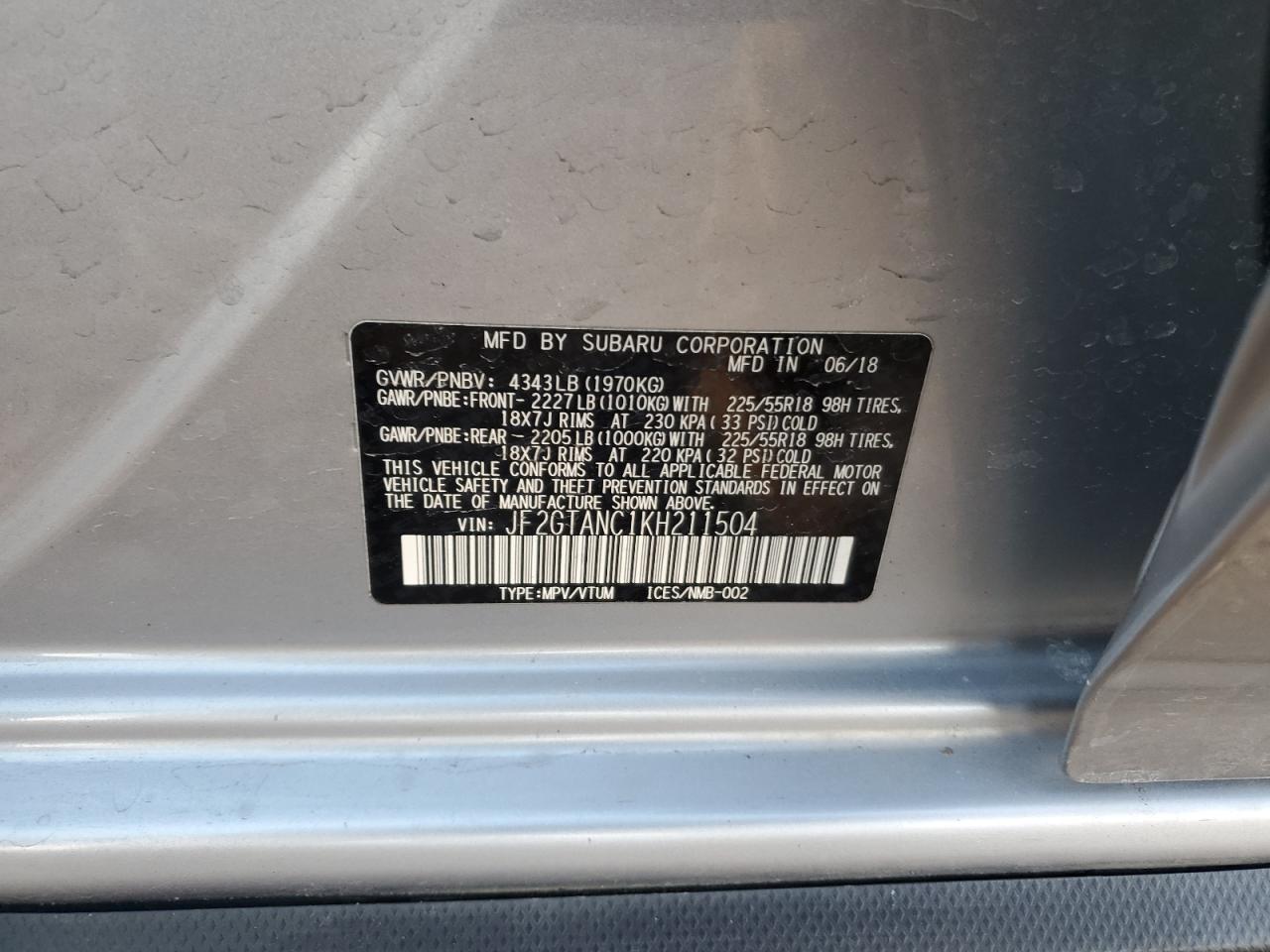 2019 Subaru XV VIN JF2GTANC1KH211504 Copart auction photo, front end damage thumbnail 13